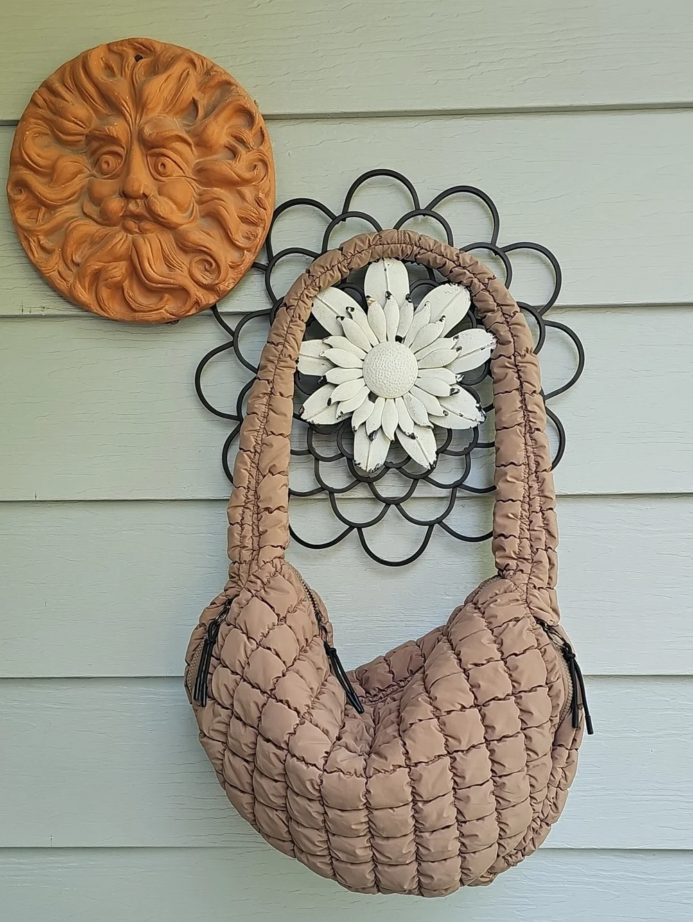 Quilted Padded Hobo Bag in Taupe